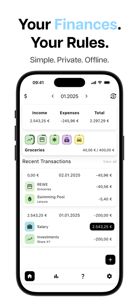 Finance Squirrel | Budget App - Finance Squirrelアプリのインターフェース。月間予算の概要と最近の取引が表示されている。