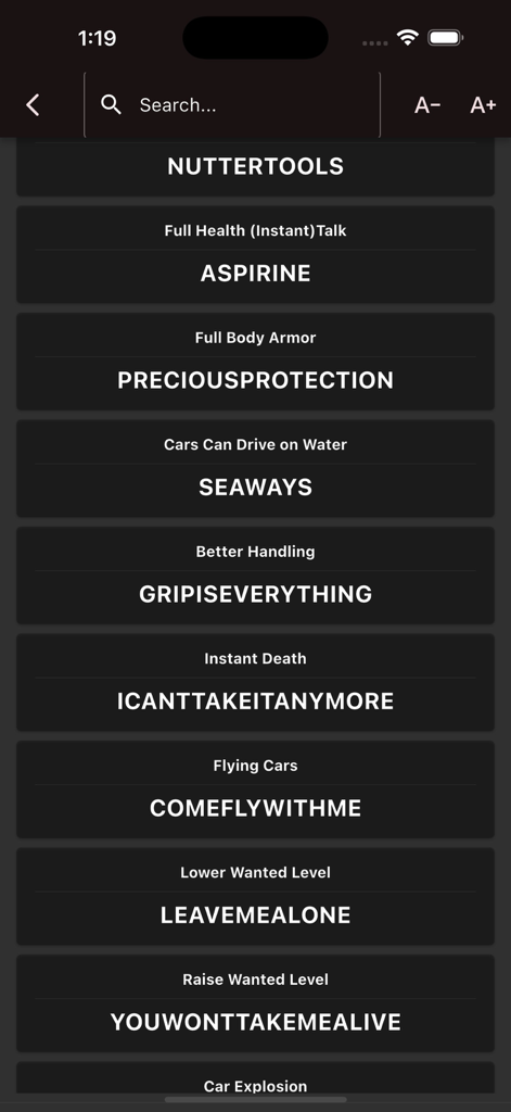 List of cheat codes for GTA Vice City in a mobile app