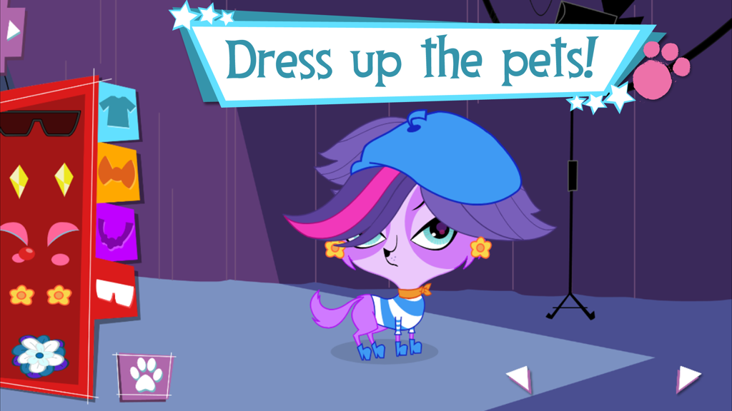 Littlest Pet Shop: Pet Style - A purple pet character named Zoe Trent being dressed up with a blue beret and fashion accessories in the app.
