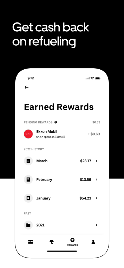 Uber Pro Card app interface showing earned rewards and history for gas station cashback.