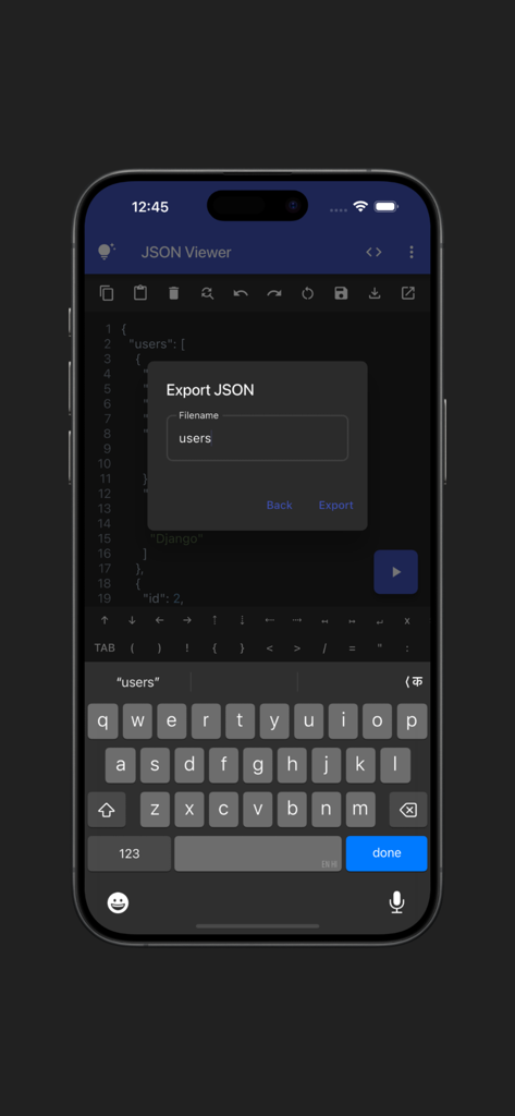 JSON Viewer(Pro) - JSON Viewer Pro app interface showing the export JSON dialog with a filename input and export button.
