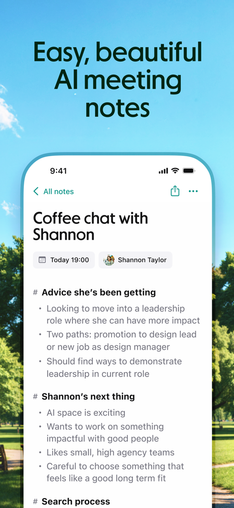Granola - AI Meeting Notes - Granola app screenshot showing an AI generated summary of a coffee chat meeting with Shannon