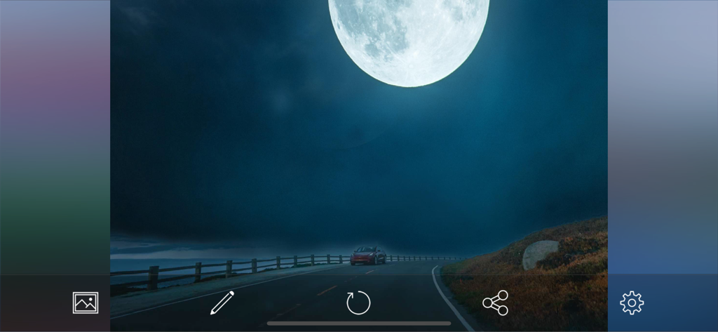 SkyAR - AI Change Photo Sky - SkyAR app interface showing a car on a road under a large realistic AI generated moon