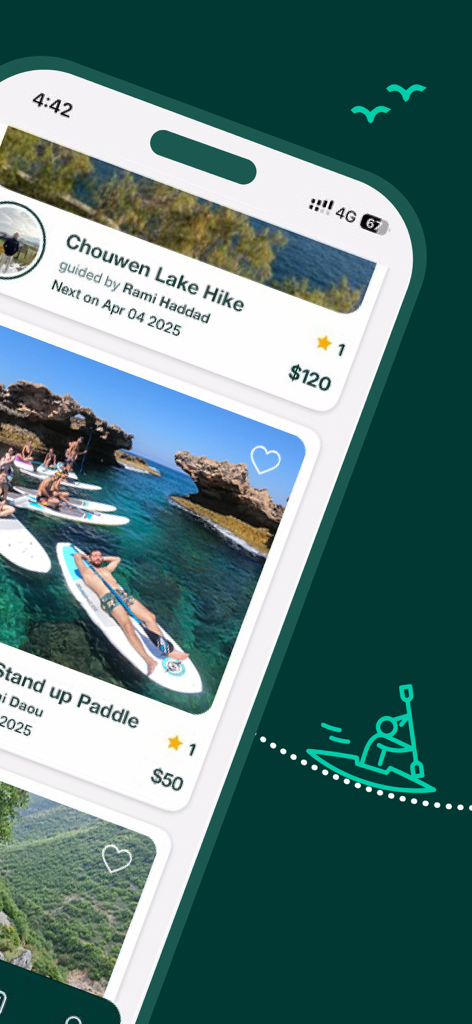 guideit: Connect & Explore - Mobile app screen showing authentic Lebanese travel experiences like lake hikes and paddle boarding with local guides