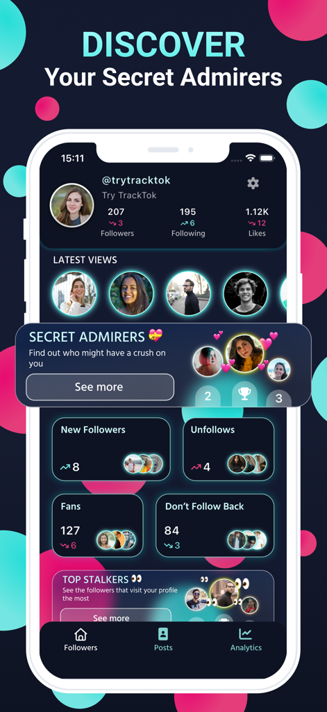 TrackTok: Tik Follower & Likes - Interface de l'application mobile TrackTok montrant les admirateurs secrets, les visiteurs du profil et les statistiques des abonnés.