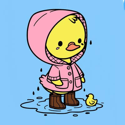 baby duck in a rain coat and boots, in a puddle while it’s raining