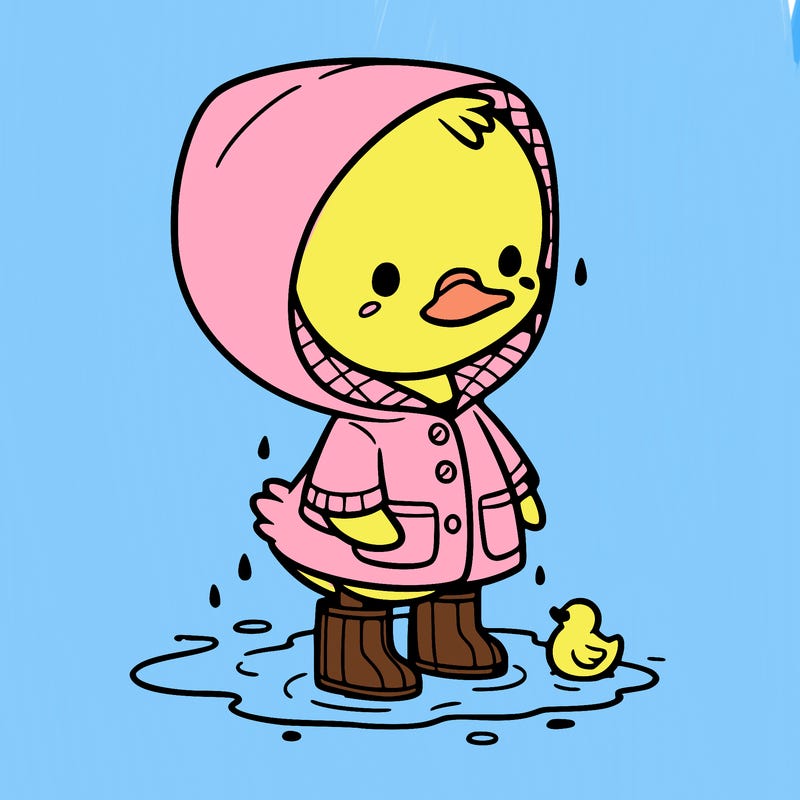 baby duck in a rain coat and boots, in a puddle while it’s raining