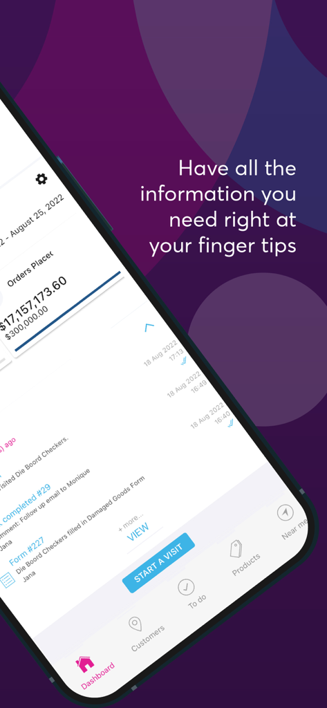 Skynamo - Panel de control de la aplicación Skynamo que muestra datos de ventas de campo y el botón de inicio de visita