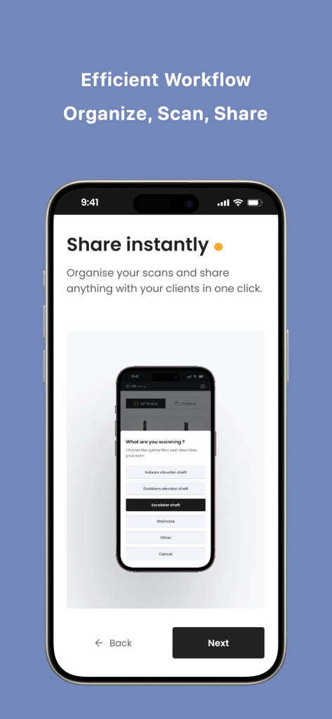 3DLiftLens - The 3DLiftLens mobile app interface showing options to organize and share elevator shaft scans with clients.