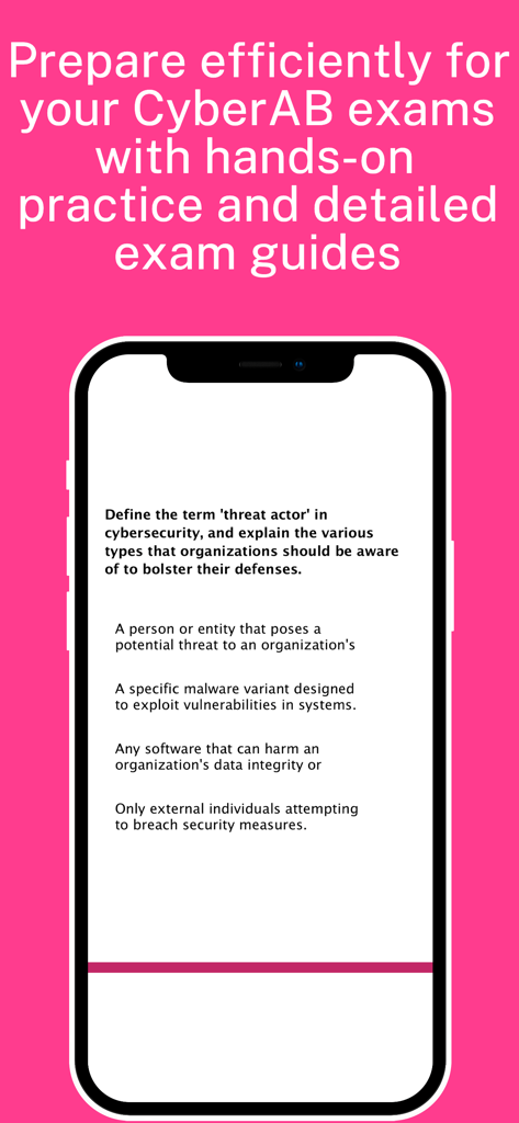 Cyber AB (CCA & CCP) Exam Prep - Cyber AB exam prep app interface showing a practice question about threat actors