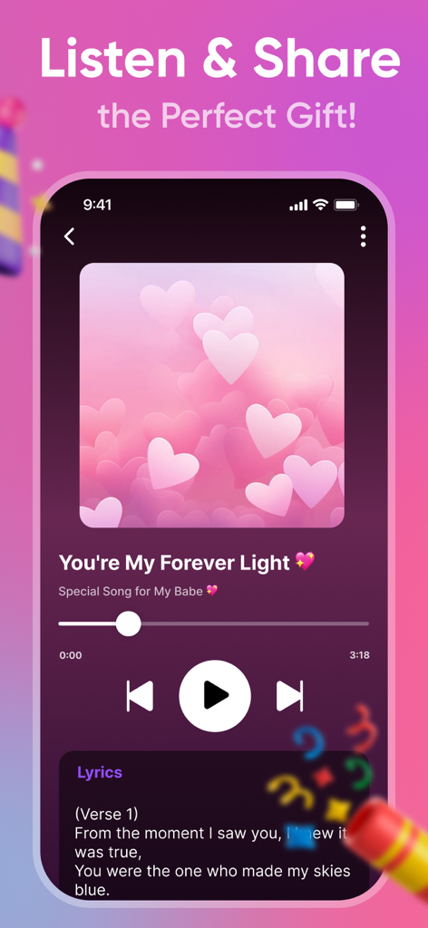 Happy AI: Song, Music Creator - Interface of Happy AI music creator app showing a personalized song player for a romantic gift