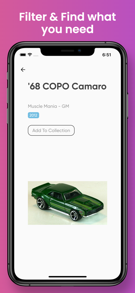 Collection Guide for Hotwheels - Una pantalla de aplicación móvil que muestra detalles de un coche Hot Wheels COPO Camaro verde del 68