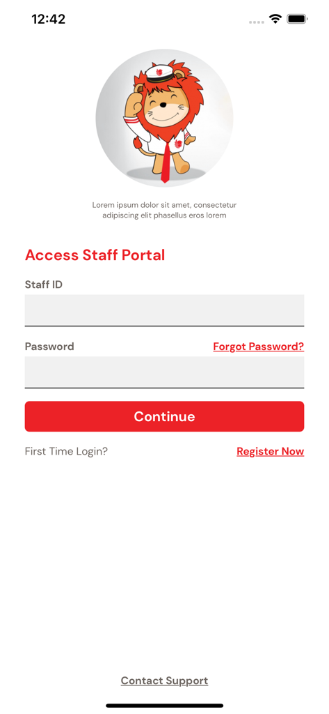 Lion Group Staff Portal - Login screen for the Lion Group Staff Portal app featuring staff ID and password input fields