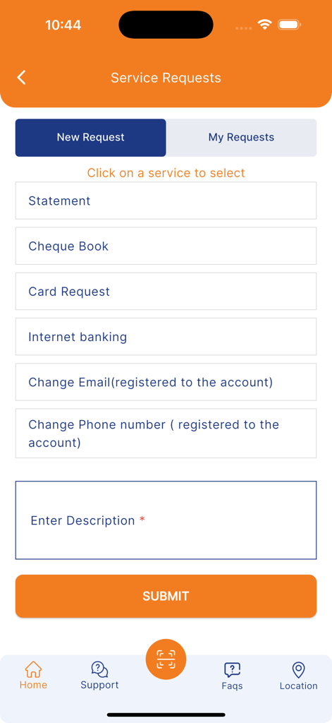 Idman Wallet - Écran des demandes de service Idman Wallet avec des options pour les relevés et les changements de compte
