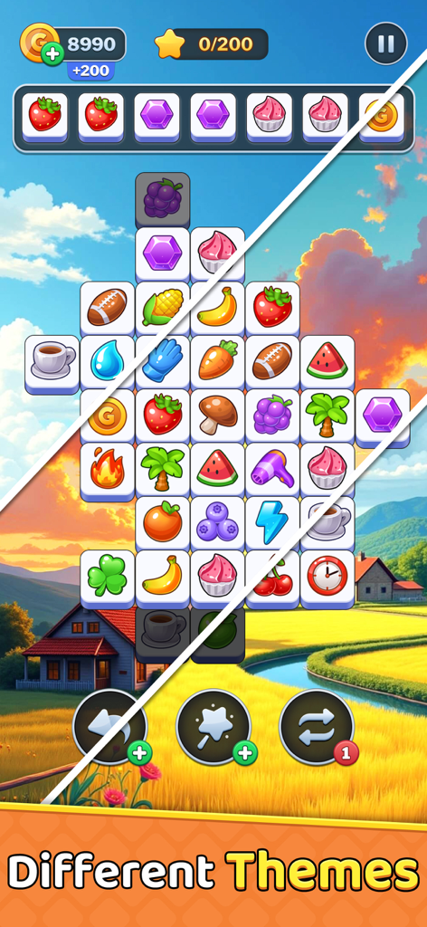 Tile Burst - Match Puzzle - Una captura de pantalla de Tile Burst Match Puzzle mostrando varios diseños de fichas y diferentes temas de fondo