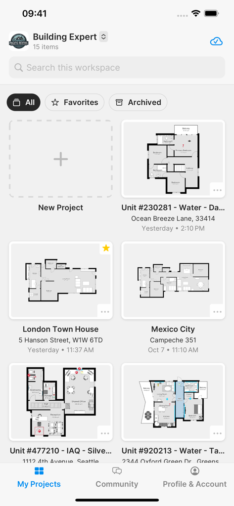 magicplan - magicplanアプリのダッシュボードビューで、保存された図面プロジェクトとサムネイルのコレクションを表示しています。