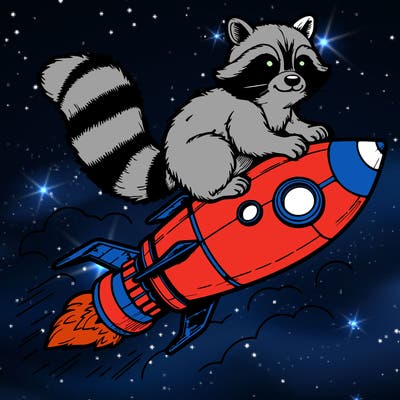 realistic raccoon flying on top rocket ship