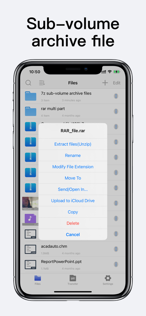 Unzip app showing a file management menu for a RAR archive on an iPhone screen