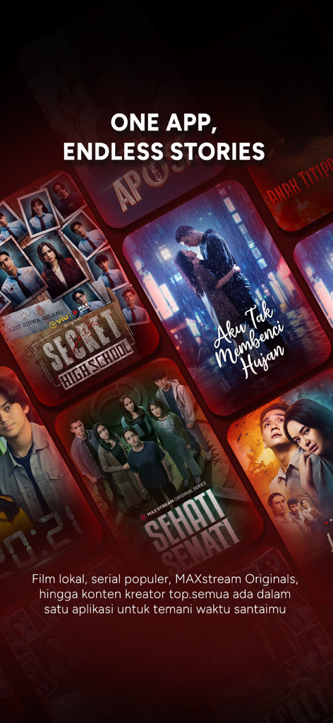 MAXstream app promotion showcasing a variety of Indonesian movies and original series posters with the slogan One App Endless Stories.