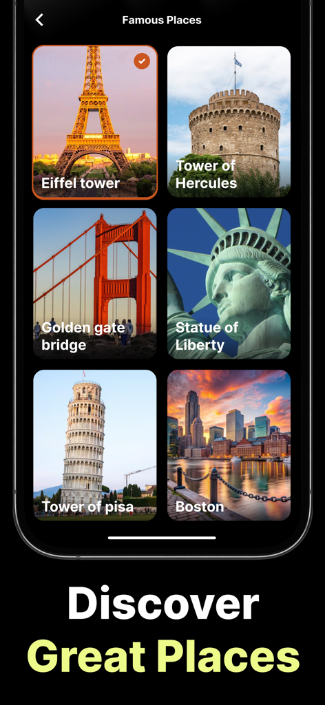 Écran d'application mobile affichant une galerie de monuments célèbres dans le monde pour la découverte et la planification de voyages.