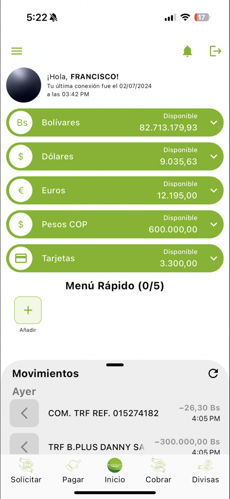 Banco Plaza App - Banco Plaza mobile app dashboard showing balances in Bolivares, US Dollars, and Euros with recent transaction history.