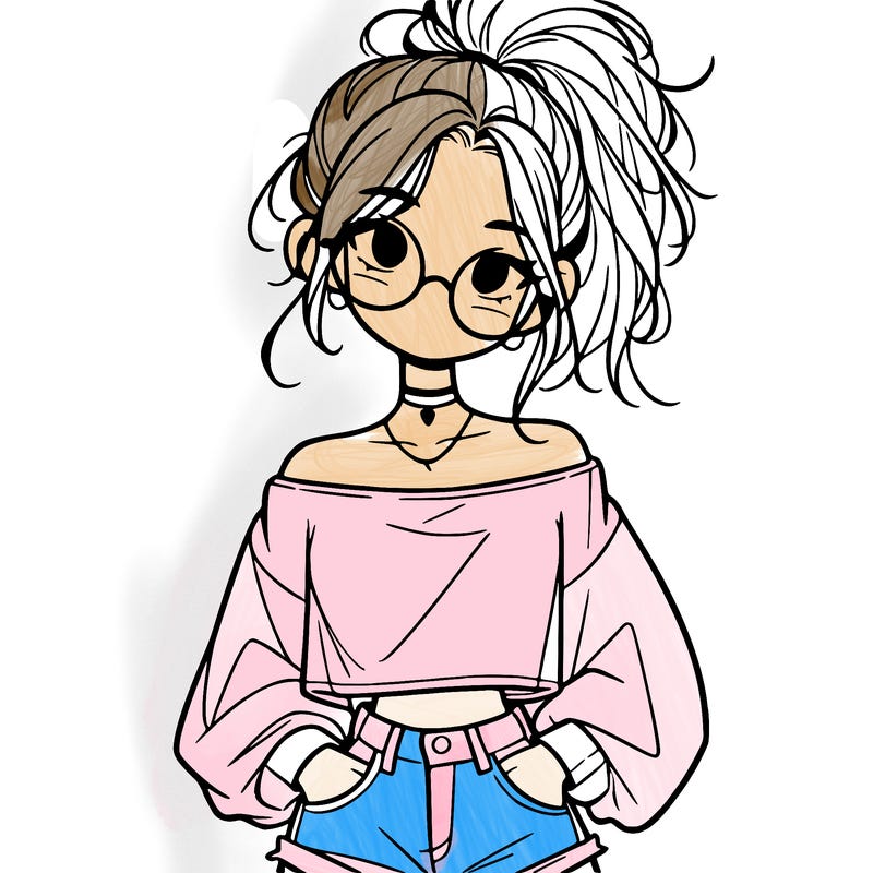 girl with a messy ponytail glasses a baggy crop top and jean shorts