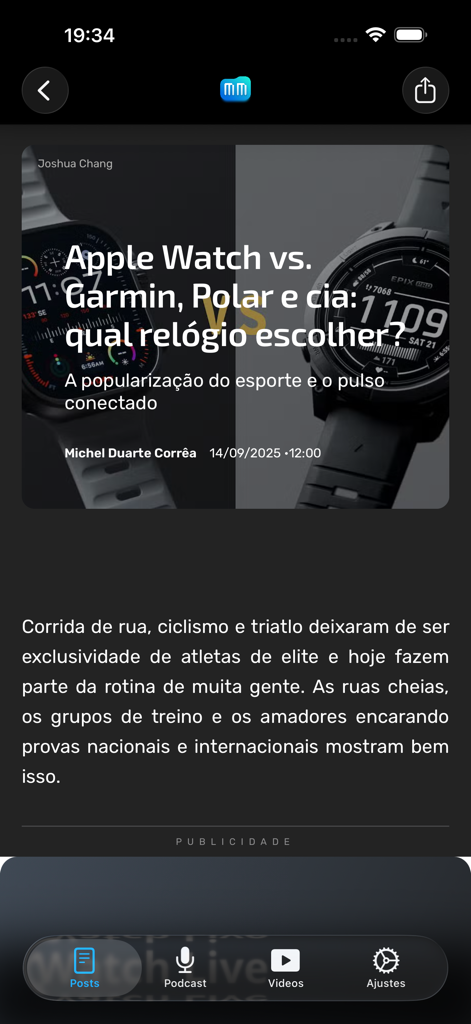 MacMagazine - A tech news article on the MacMagazine app comparing Apple Watch with Garmin and Polar smartwatches.