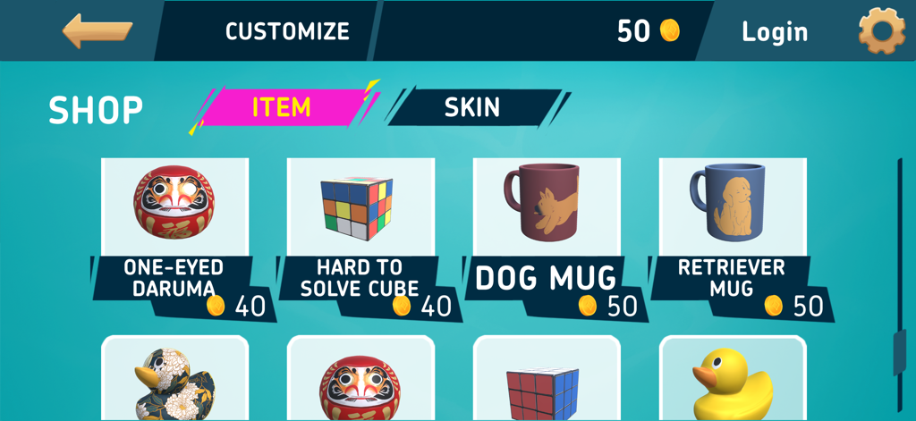 Hand Washing Trainer - A screen from the Hand Washing Trainer app showing a shop with items like a daruma doll, a puzzle cube, and animal mugs available for purchase with in game coins