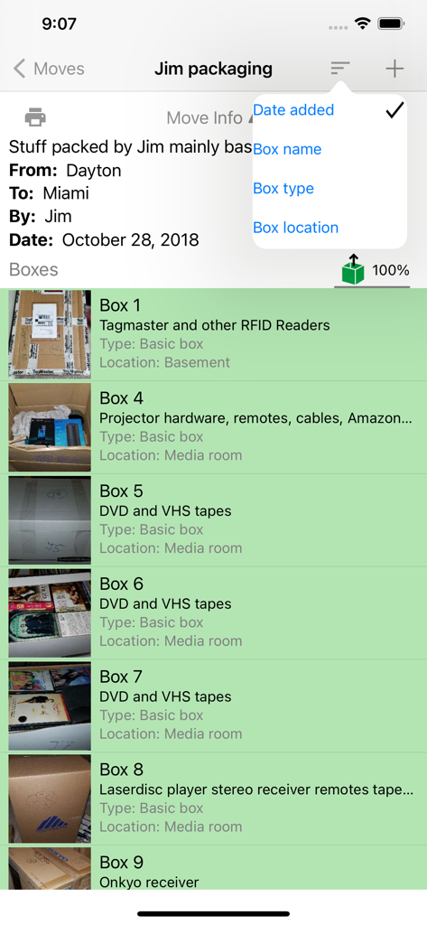 Moving Organizer Pro - Inventory screen of Moving Organizer Pro app listing packed boxes with photos and descriptions