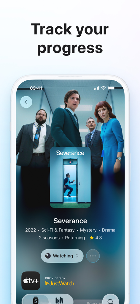 Interface of the Sequel app showing progress tracking for the TV show Severance with streaming service details