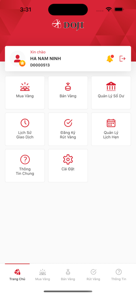Main dashboard of the eGold mobile app showing options for digital gold trading and management