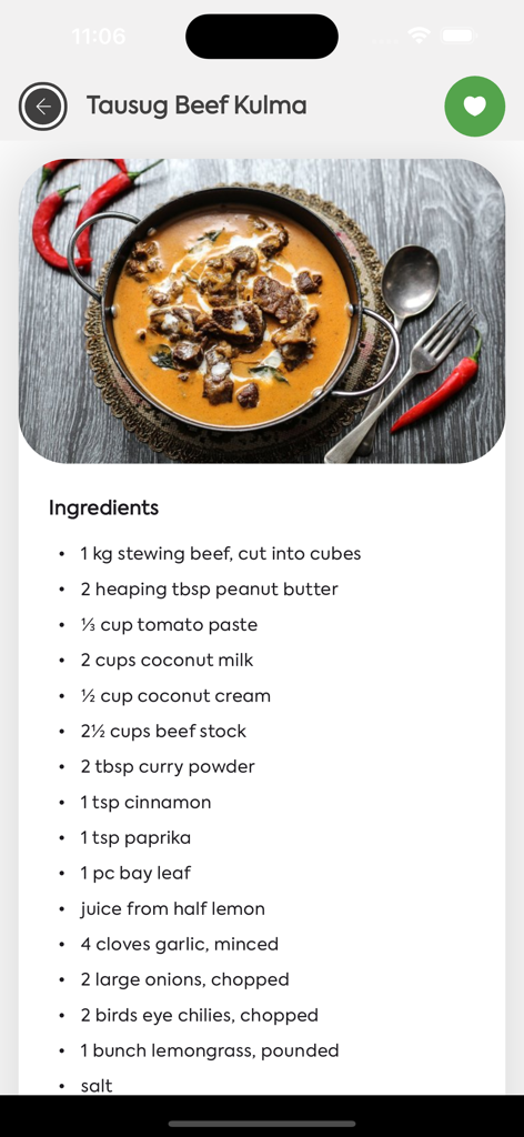 Tausug Beef Kulma recipe screen with ingredients list and dish photo