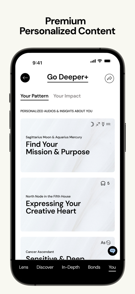 Premium personalized content screen in The Pattern app showing astrology and personality insights