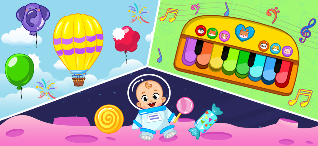 Baby Care Games for Kids 3,4,5 - Collage de juegos educativos con un piano de juguete, globos y un bebé astronauta.