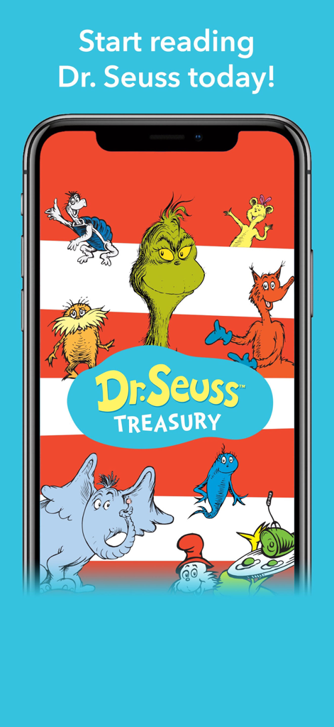 Dr. Seuss Treasury School app splash screen featuring various iconic book characters like the Grinch and the Lorax