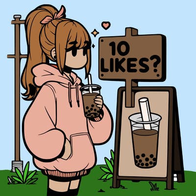 girl with oversized hoodie drinking boba and she has a high ponytail with a sign that says 10likes?