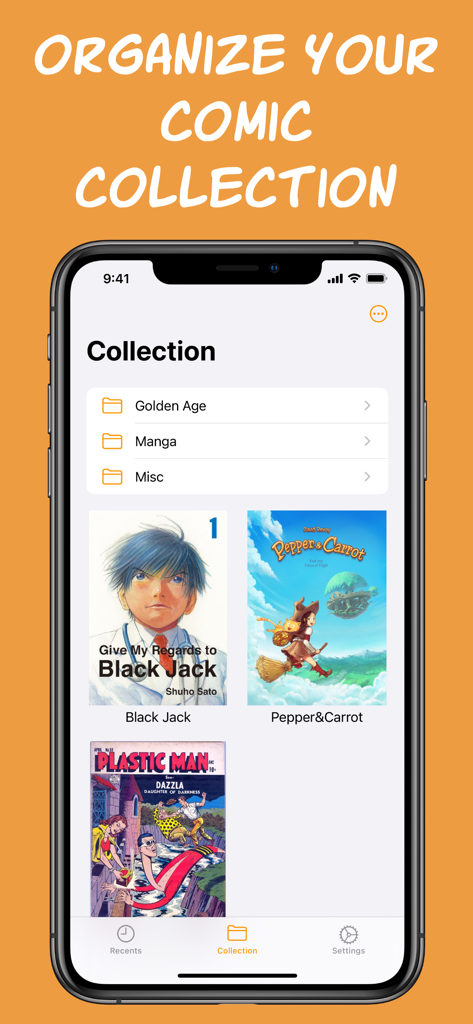 Smart Comic Reader - Una pantalla de aplicación móvil que muestra una biblioteca de cómics digitales organizada con carpetas y portadas de libros