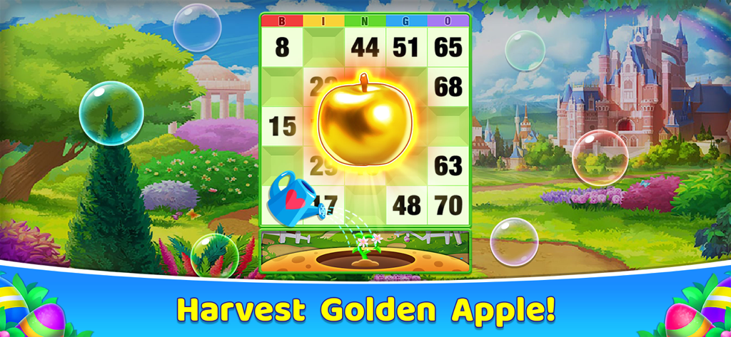 Bingo 365 - 2026 Bingo Games - Eine Bingo-Karte mit einem großen goldenen Apfel und einer Gießkanne vor einem märchenhaften Schloss mit dem Text Harvest Golden Apple.