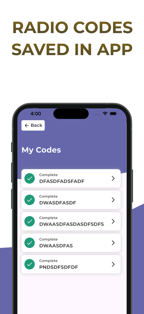 Una lista de códigos de radio recuperados guardados en el historial de la aplicación para vehículos Nissan