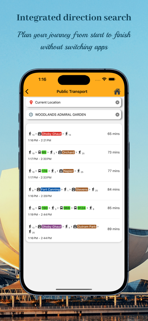 Resultados de búsqueda de direcciones integrados para transporte público en Singapur