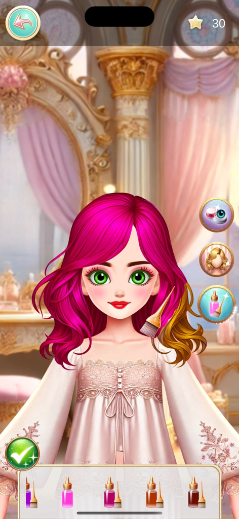 Princess- Make Over - Una princesa con cabello rosa tiñéndose el cabello en un salón real.