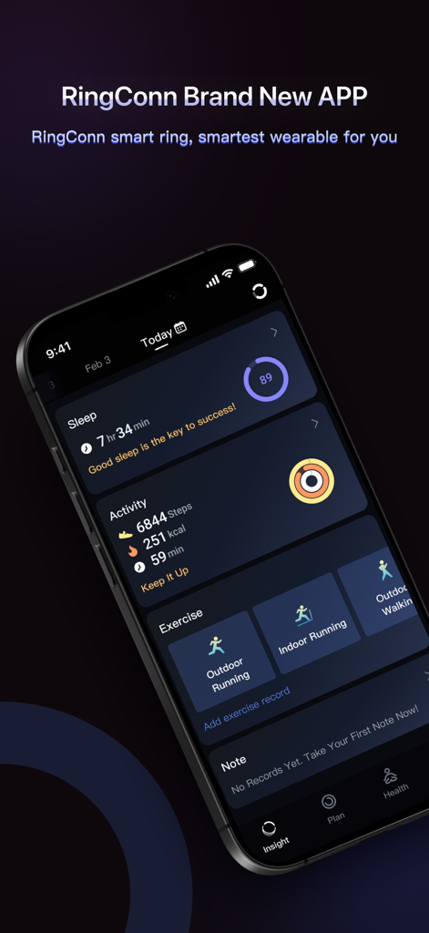Painel do aplicativo RingConn mostrando métricas de sono, atividade diária, passos e registros de exercícios
