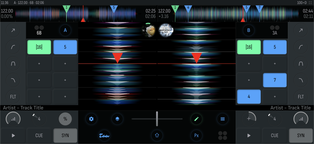 Tau DJ v1i - 듀얼 데크와 상세한 파형을 특징으로 하는 Tau DJ v1i 전문 모바일 믹싱 인터페이스