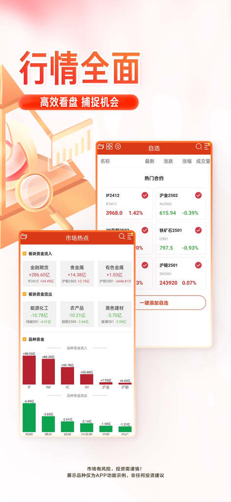 涨乐期赢通-华泰期货开户投资理财软件 - Comprehensive futures market data and sector capital flow analysis on the Zhangle Qiyingtong app interface
