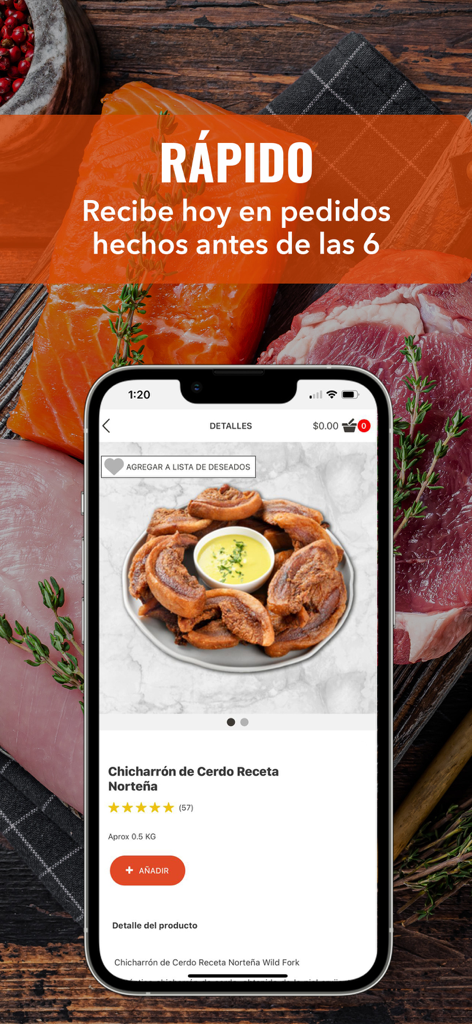 Wild Fork Mexico mobile app showing product details for pork cracklings with a same day delivery banner.