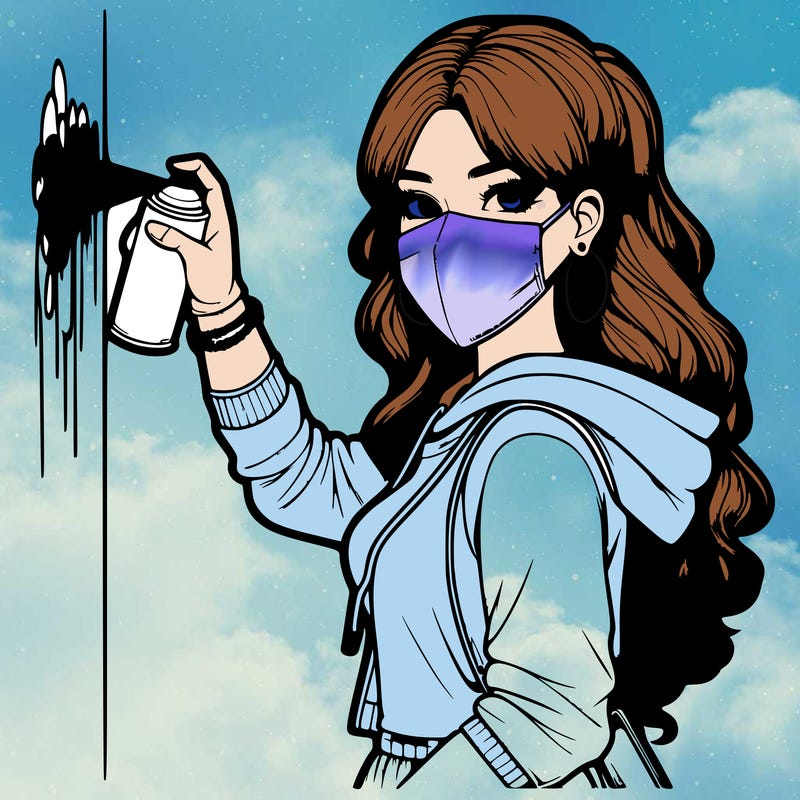 realistic girl with mask spray painting a wall