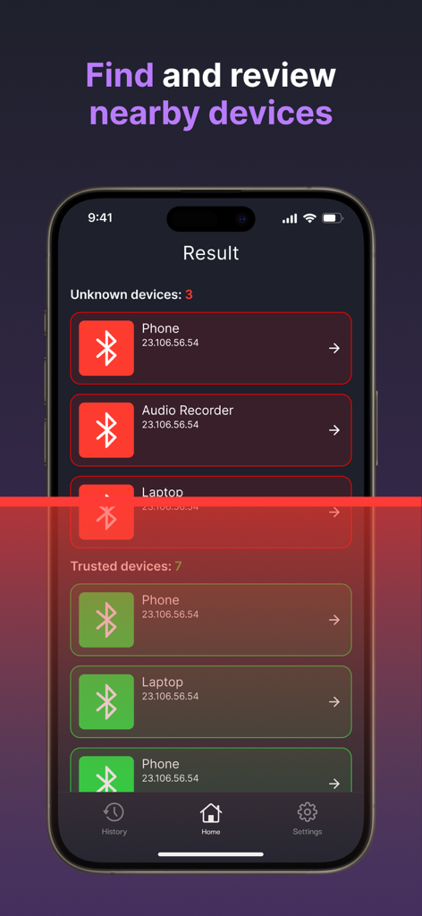 Bug Detector - Pro Scanner - Pantalla de la aplicación Bug Detector mostrando un resultado de escaneo de dispositivos cercanos desconocidos y de confianza.