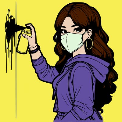 realistic girl with mask spray painting a wall