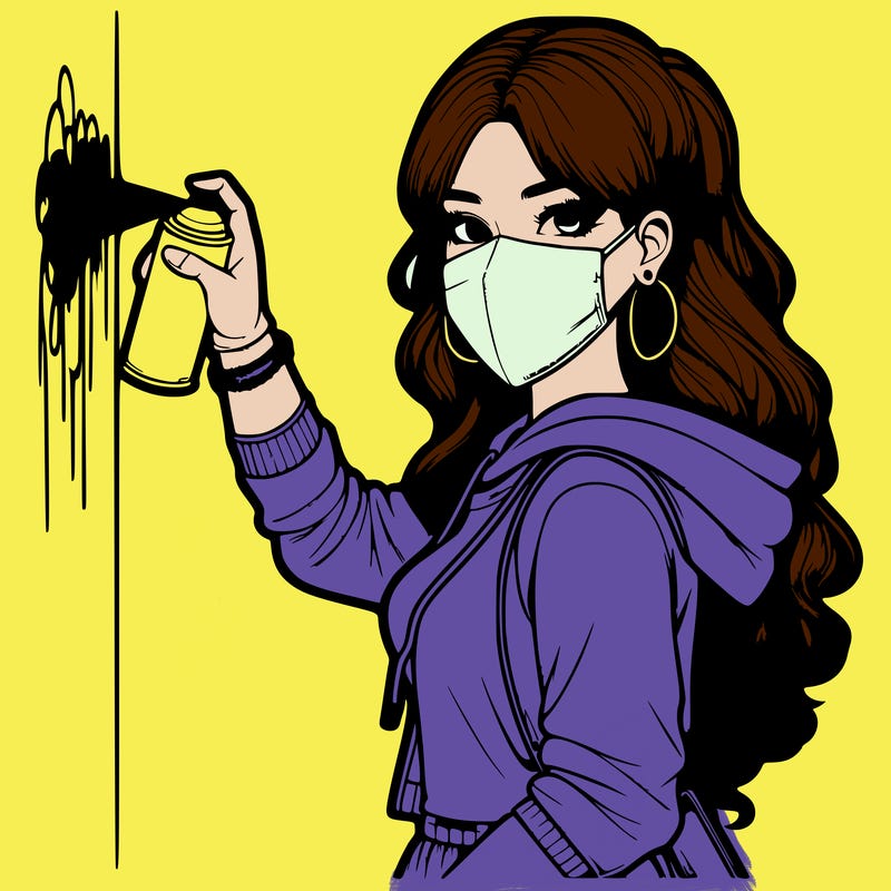 realistic girl with mask spray painting a wall