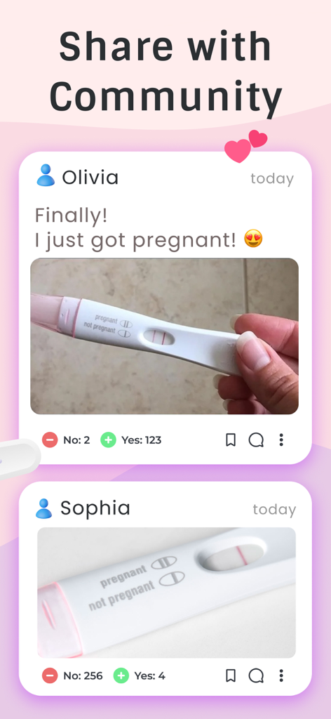 A community feed showing users sharing and discussing pregnancy test results